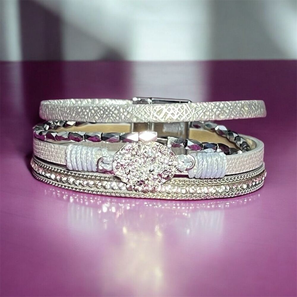 Boho Leather Wrap Bracelet with Rhinestones and Magnetic Clasp - Picture 6 of 13